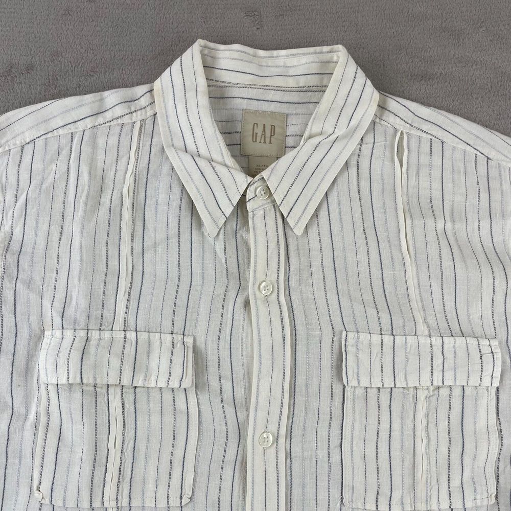 GAP Shirt Men XL White Striped 99% Linen Dual Pockets Short Sleeve Camp Vacation